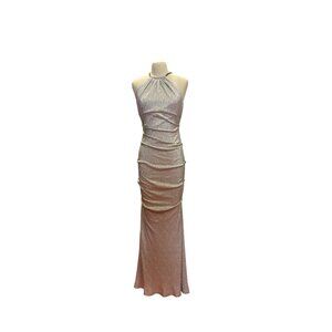 XSCAPE Silver Metallic Halter Neck Gown With Chain Detail Elegant Long Dress Eve